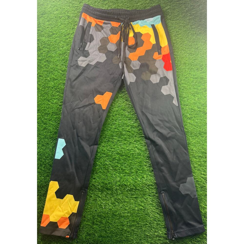 Makobi Mens Hexagon Track Joggers Sz L Black Multicolor Zip Ankle Pockets #M2600